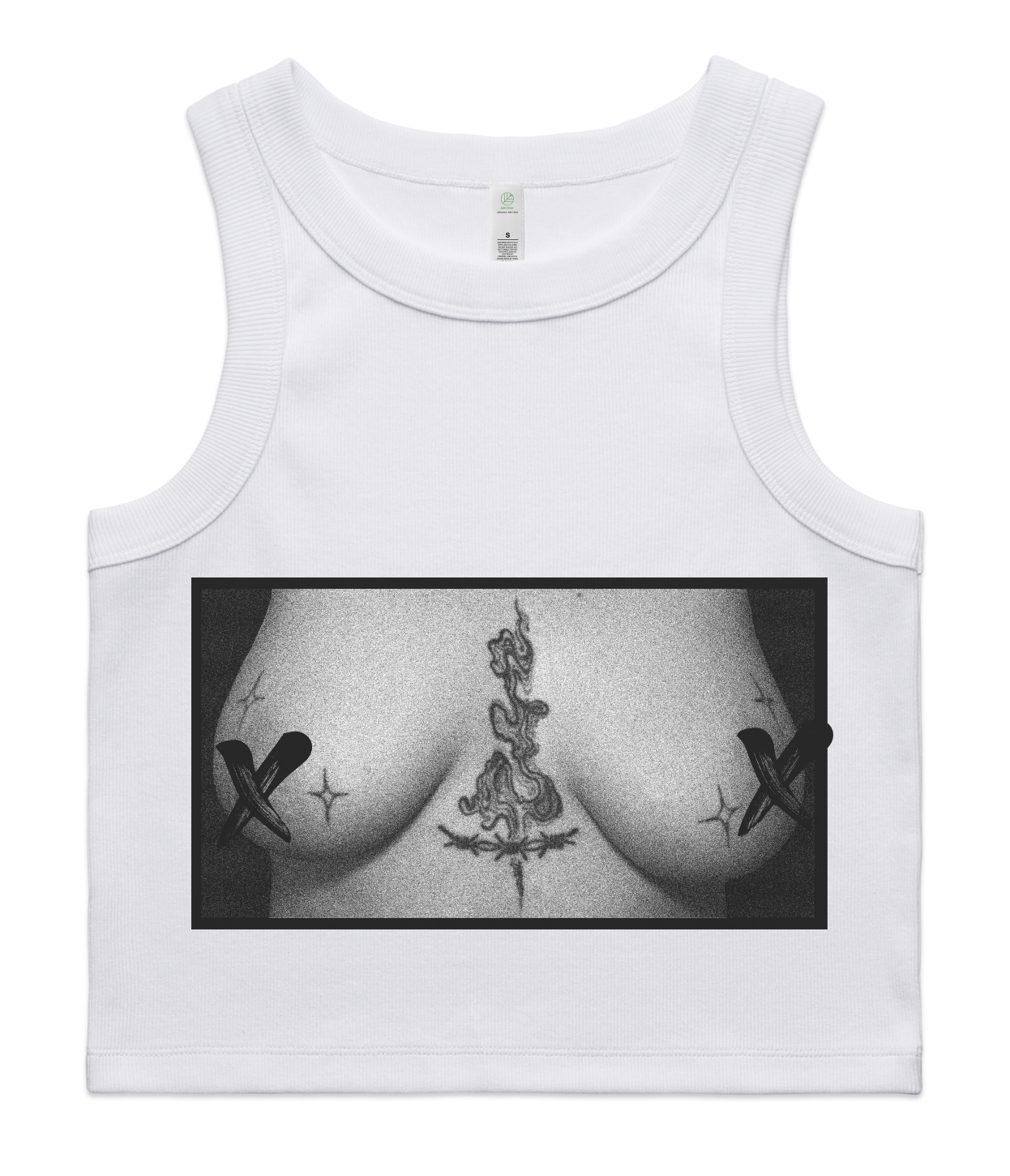 White cropped vest top, featuring a black and white titty print across the chest. The titties have sparkle tattoo's around the nipples and barbwire across the sternum.